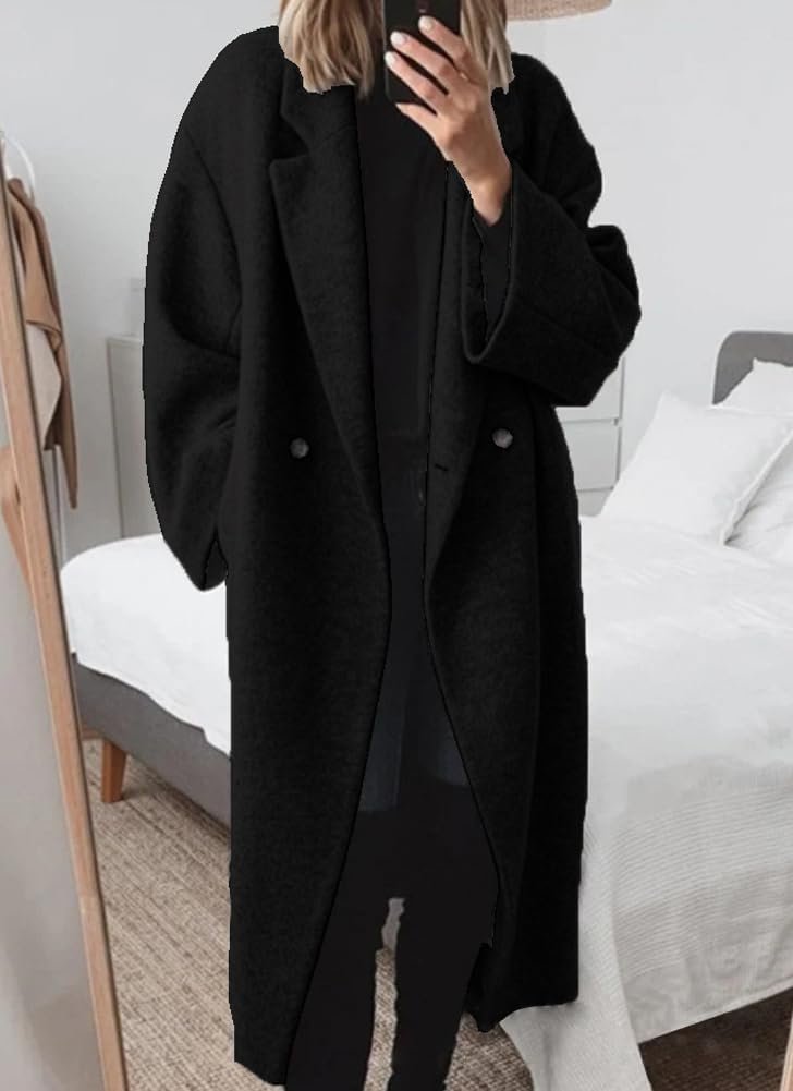 Women's Winter Double Breasted Wool Coat Long Sleeve Notch Lapel Long Trench Coat - Image 2