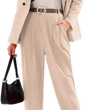 A Women's Business Blazer and High Elastic Waist Pant Suit Set Loose Fit Casual Fall Winter 2 Piece Suits for Work
