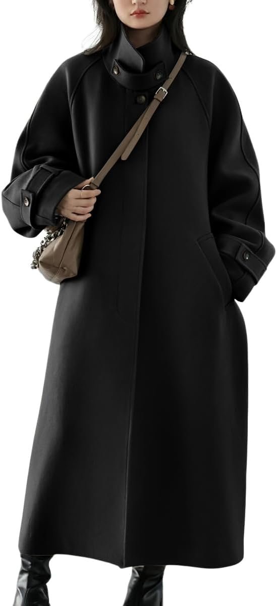 Women's Winter Hidden Single Breasted Wool Coat Raglan Sleeve Business Long Wool Overcoat