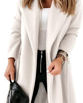 Womens Classic Coat Lapel Collar Open Front Belted Long Jacket