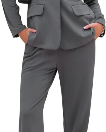 A Women's Business One Button Blazer Jacket High Elastic Waist Pant Suit Set Casual Loose 2 Piece Suits Office Work