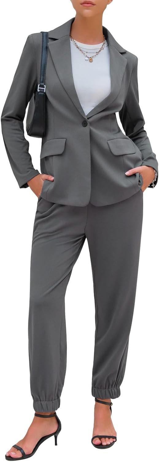 A Women's Business One Button Blazer Jacket High Elastic Waist Pant Suit Set Casual Loose 2 Piece Suits Office Work