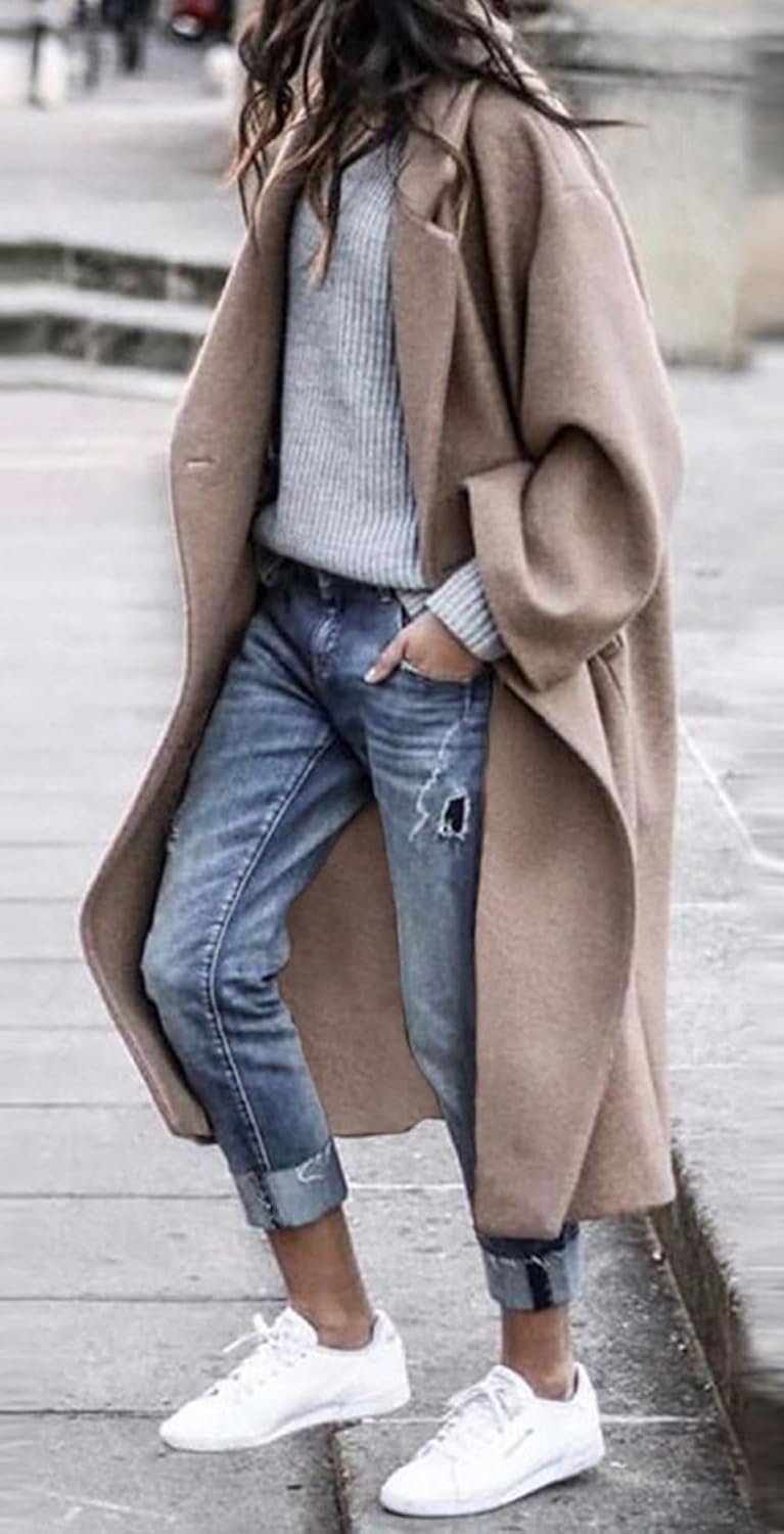 Women's Oversized Notched Collar Wool Blend Single Breast Midi Long Trench Coat - Image 2