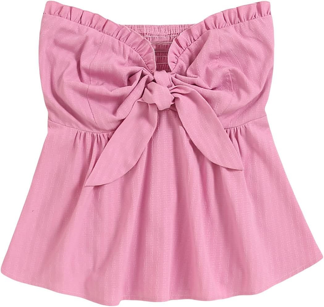 Women's Frill Trim Tie Front Tube Top Sleeveless Strapless Ruffle Summer Tops