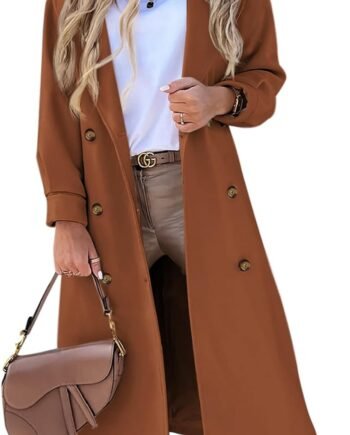 Women's Long Coat Notched Lapel Collar Double Breasted Pea Coat Winter Elegant Wool Blend Over Coats Jackets