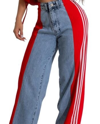 Women’s Jeans with Patchwork Stripes High Waist Loose Denim Color Block Jean Straight Wide Leg Pants