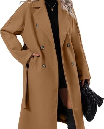 Women Elegant Wool Pea Coat Lapel Collar Double Breasted Mid-Long Winter Overcoats with Belted Pockets