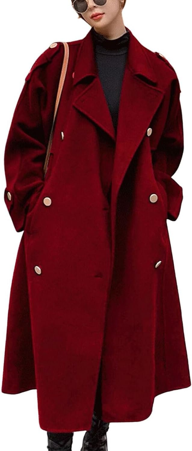 Women's Winter Double Breasted Midi Long Wool Pea Coat Notch Lapel Winter Trench Coat