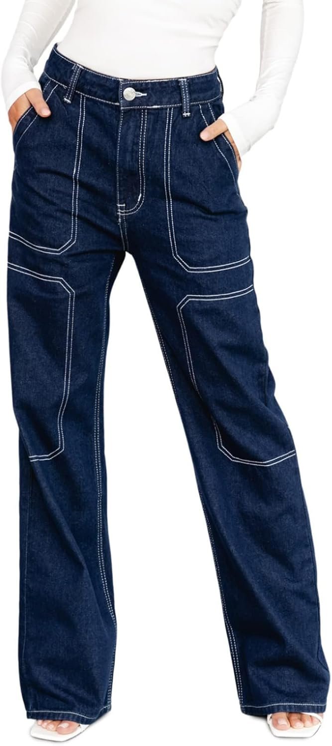 Women's Casual Mid Waist Cargo Jeans Stretch Wide Leg Denim Pants with Pockets