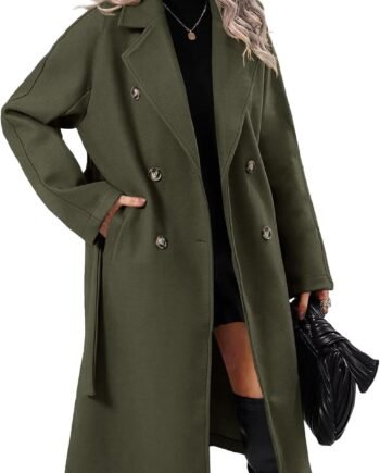 Women Elegant Wool Pea Coat Lapel Collar Double Breasted Mid-Long Winter Overcoats with Belted Pockets