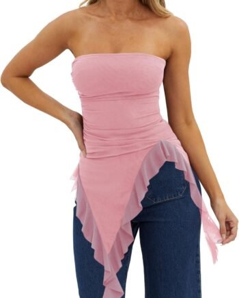 Womens Asymmetrical Tube Top Strapless Ruffle Hem Slim Fitted Shirts  Going Out Tops