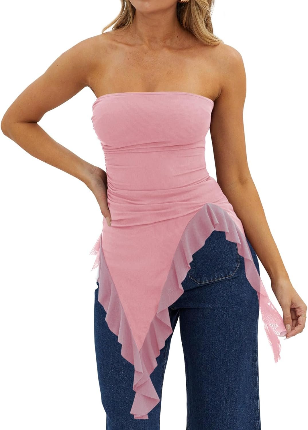 Womens Asymmetrical Tube Top Strapless Ruffle Hem Slim Fitted Shirts Going Out Tops