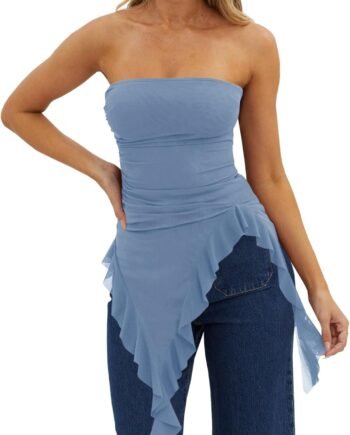 Womens Asymmetrical Tube Top Strapless Ruffle Hem Slim Fitted Shirts  Going Out Tops