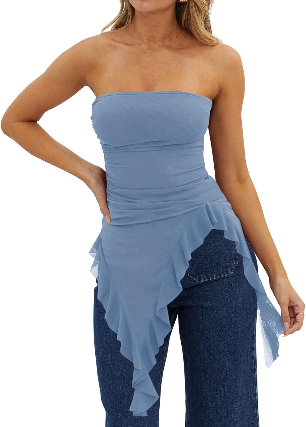 Womens Asymmetrical Tube Top Strapless Ruffle Hem Slim Fitted Shirts Going Out Tops