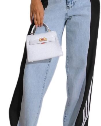 Women’s Jeans with Patchwork Stripes High Waist Loose Denim Color Block Jean Straight Wide Leg Pants