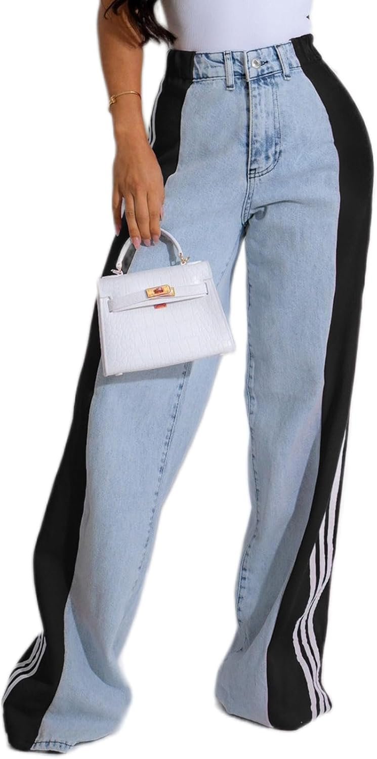 Women’s Jeans with Patchwork Stripes High Waist Loose Denim Color Block Jean Straight Wide Leg Pants