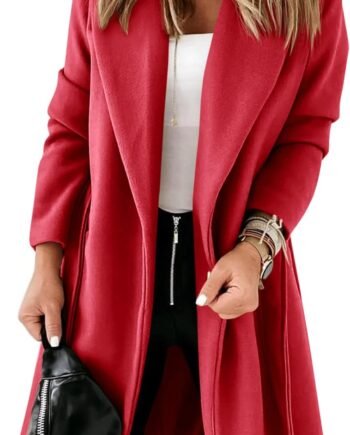 Womens Classic Coat Lapel Collar Open Front Belted Long Jacket