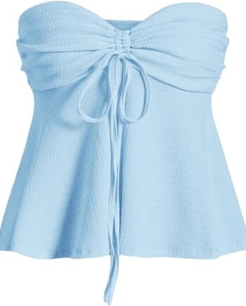 Women Tie Front Ruched Tube Top Strapless Flared Hem Peplum Bandeau Tops