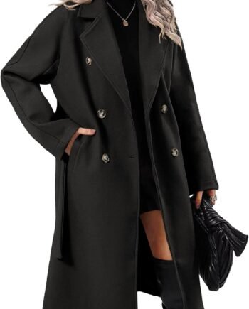 Women Elegant Wool Pea Coat Lapel Collar Double Breasted Mid-Long Winter Overcoats with Belted Pockets