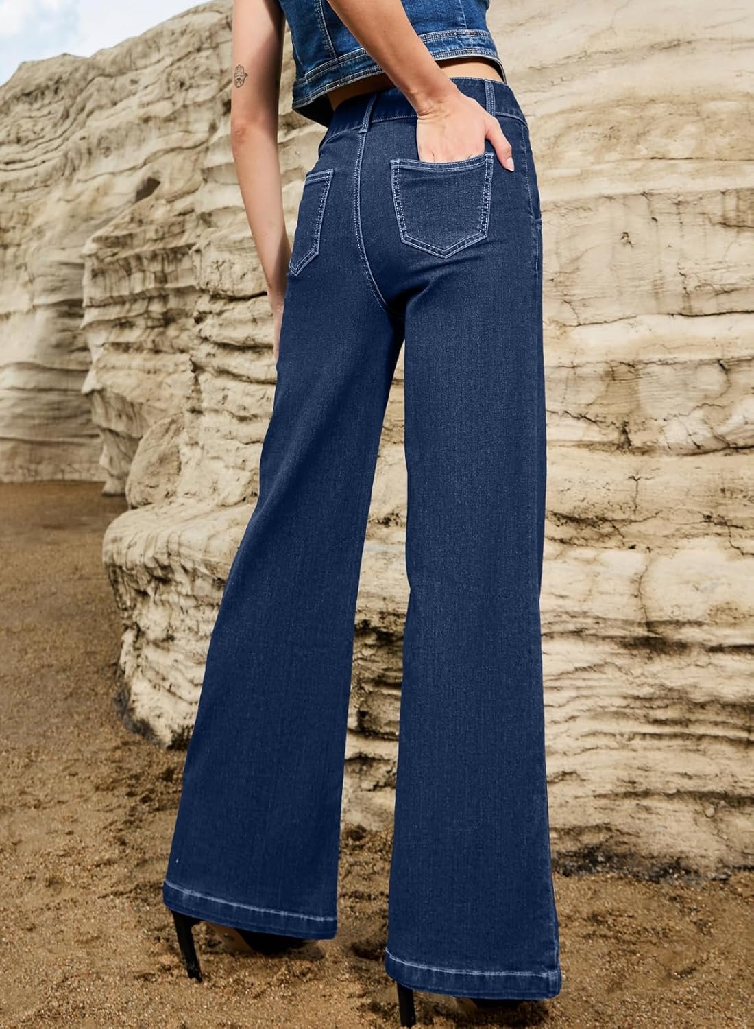 Womens Wide Leg Jeans Casual Baggy High Waisted Stretch Denim Pants - Image 2