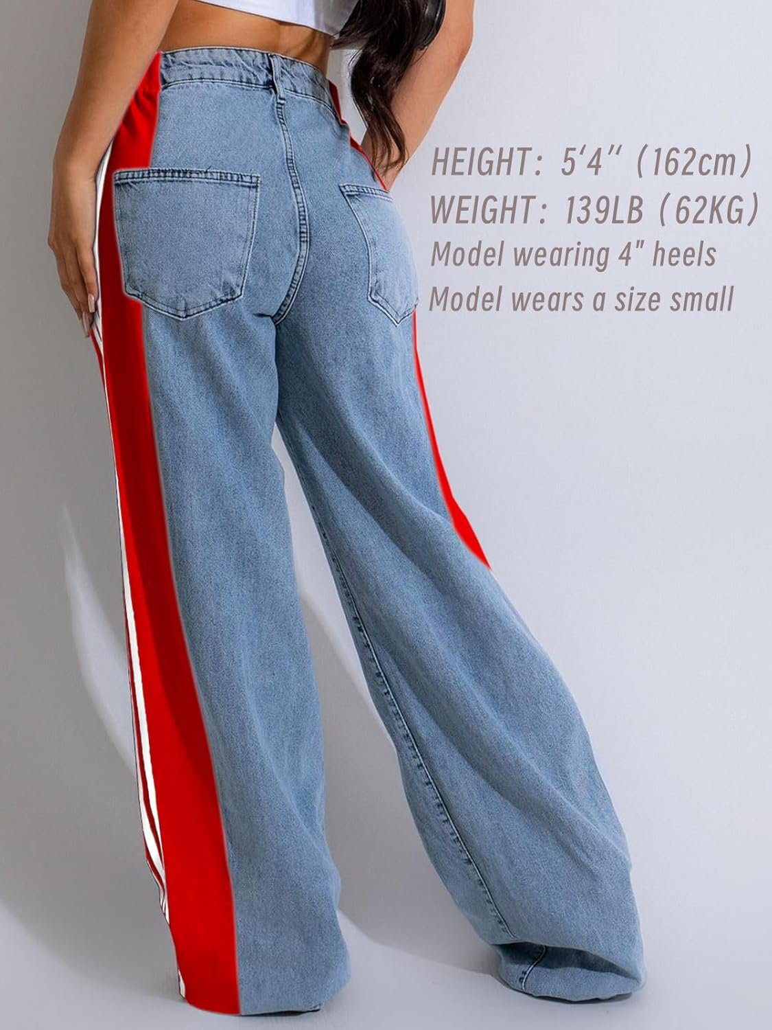 Women’s Jeans with Patchwork Stripes High Waist Loose Denim Color Block Jean Straight Wide Leg Pants - Image 2