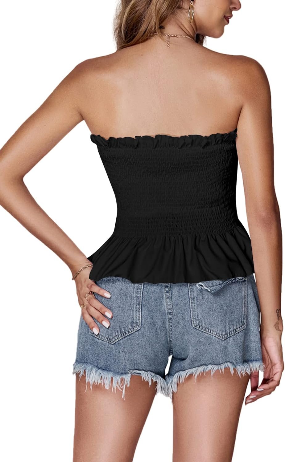 Women's Frill Shirred Ruffle Hem Strapless Tube Top Sleeveless Pleated Peplum Bandeau Blouse - Image 2