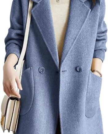 Women's Notch Lapel Herringbone Wool Coat Formal Office Work Double Breasted Winter Pea Coat