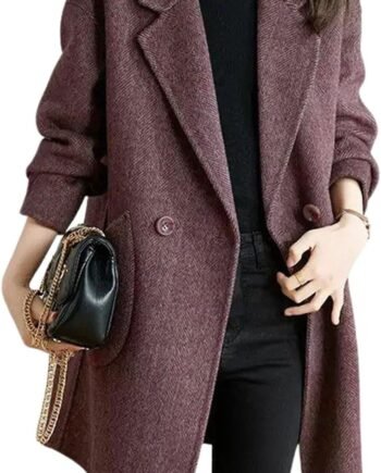 Women's Notch Lapel Herringbone Wool Coat Formal Office Work Double Breasted Winter Pea Coat