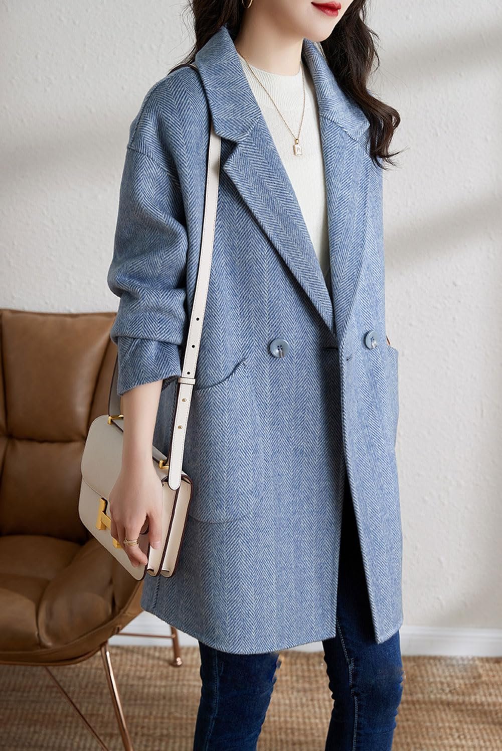 Women's Notch Lapel Herringbone Wool Coat Formal Office Work Double Breasted Winter Pea Coat - Image 2