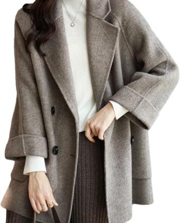 Women Wool Coat Peacoat Jacket Thick Loose Double Breasted Pea Coat Woolen Winter Overcoat