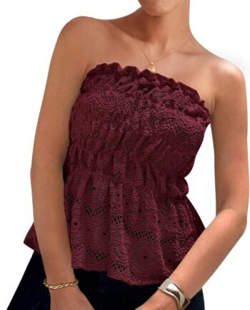 Women's Boho Tube Tops 2025 Summer Strapless Off Shoulder Eyelet Smocked Peplum Trendy Going Out Bandeau Top