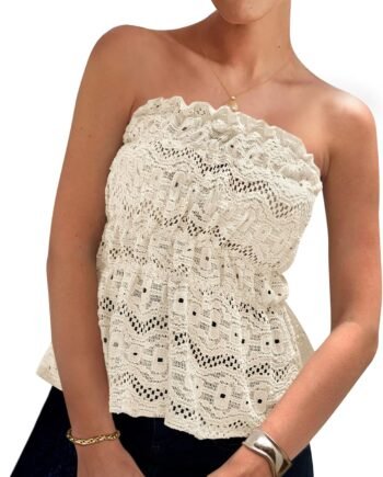 Women's Boho Tube Tops 2025 Summer Strapless Off Shoulder Eyelet Smocked Peplum Trendy Going Out Bandeau Top