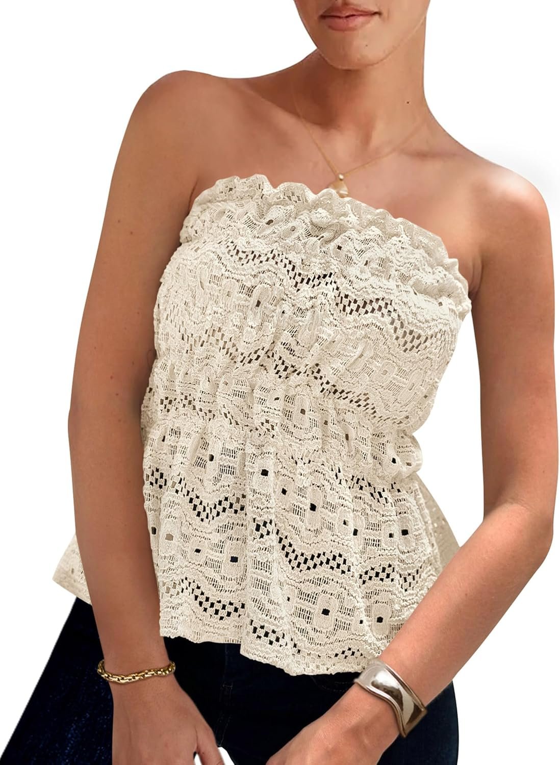 Women's Boho Tube Tops 2025 Summer Strapless Off Shoulder Eyelet Smocked Peplum Trendy Going Out Bandeau Top