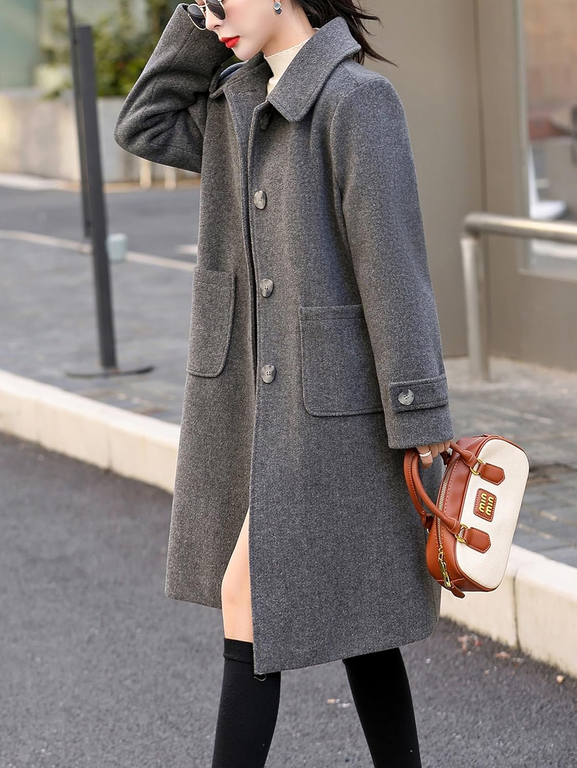 Women's Round neck Single row Breasted Wool Blend Mid Long Pea Trench Coat Wool coat - Image 2