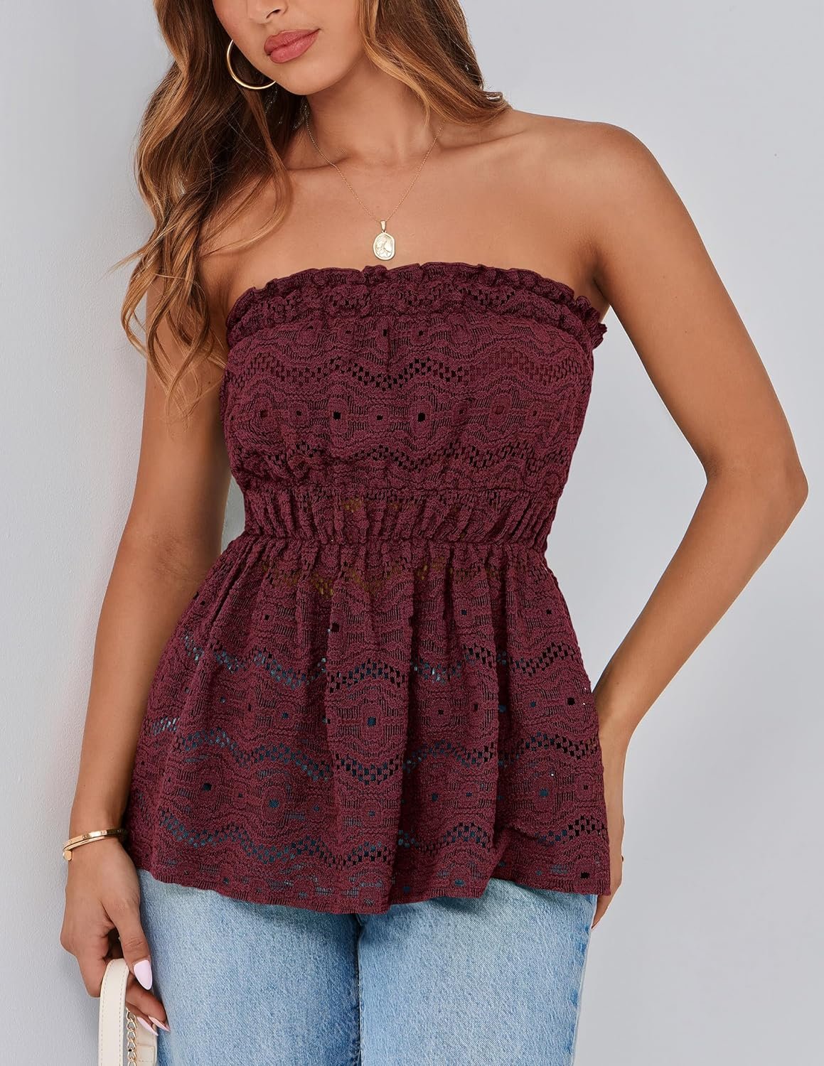 Women's Boho Tube Tops 2025 Summer Strapless Off Shoulder Eyelet Smocked Peplum Trendy Going Out Bandeau Top - Image 2